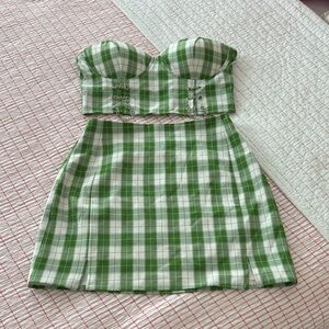 Princess Polly XX Women's size 4 Mad Plaid Set Strapless Top Mini Skirt Green